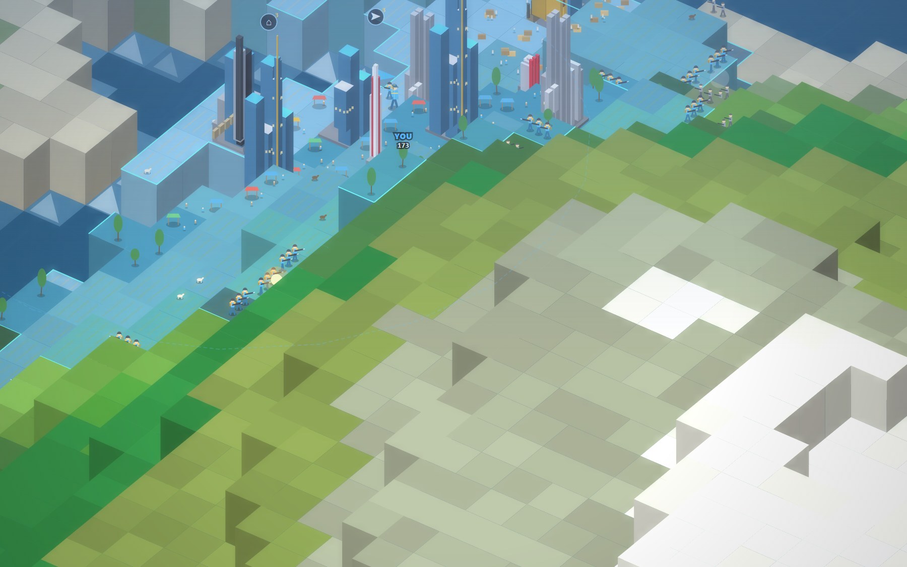 Close view of a city with towers, market stalls, villagers and infantry on the front line