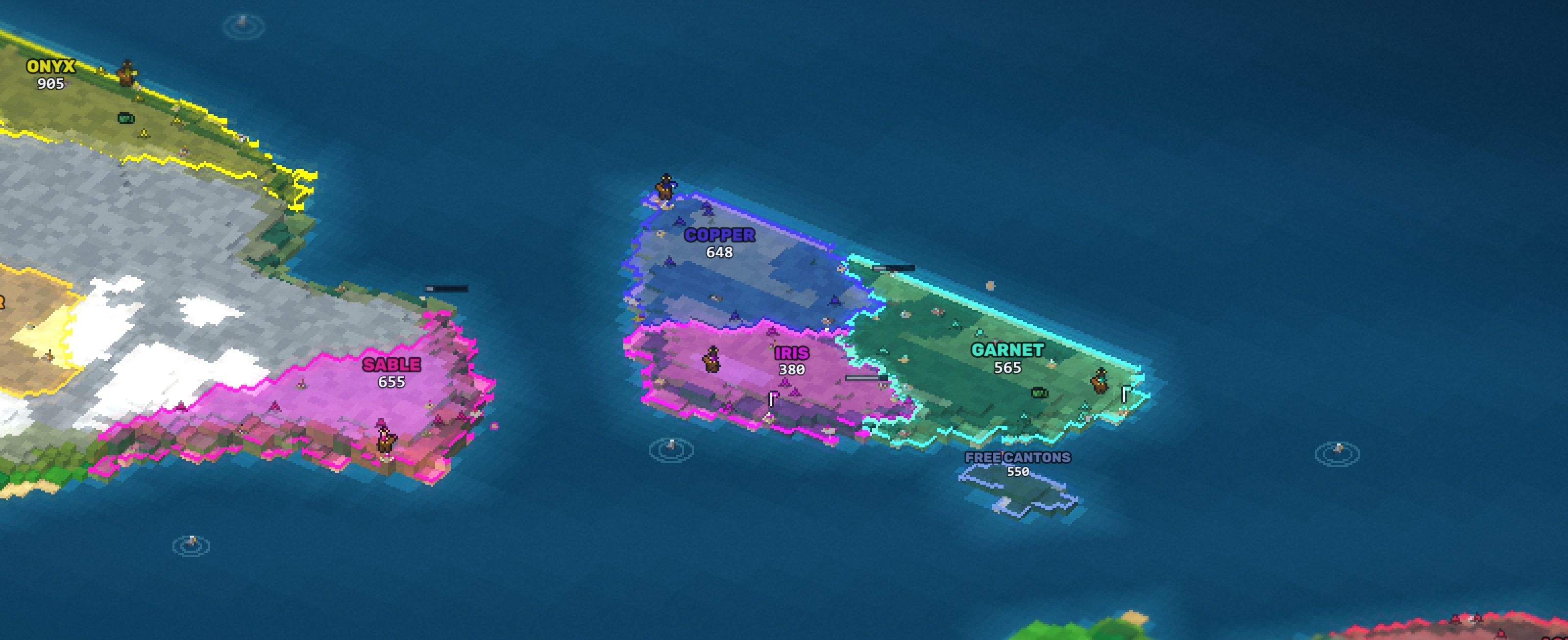 Six nations meeting across a tilted, blocky world, borders drawn tile by tile