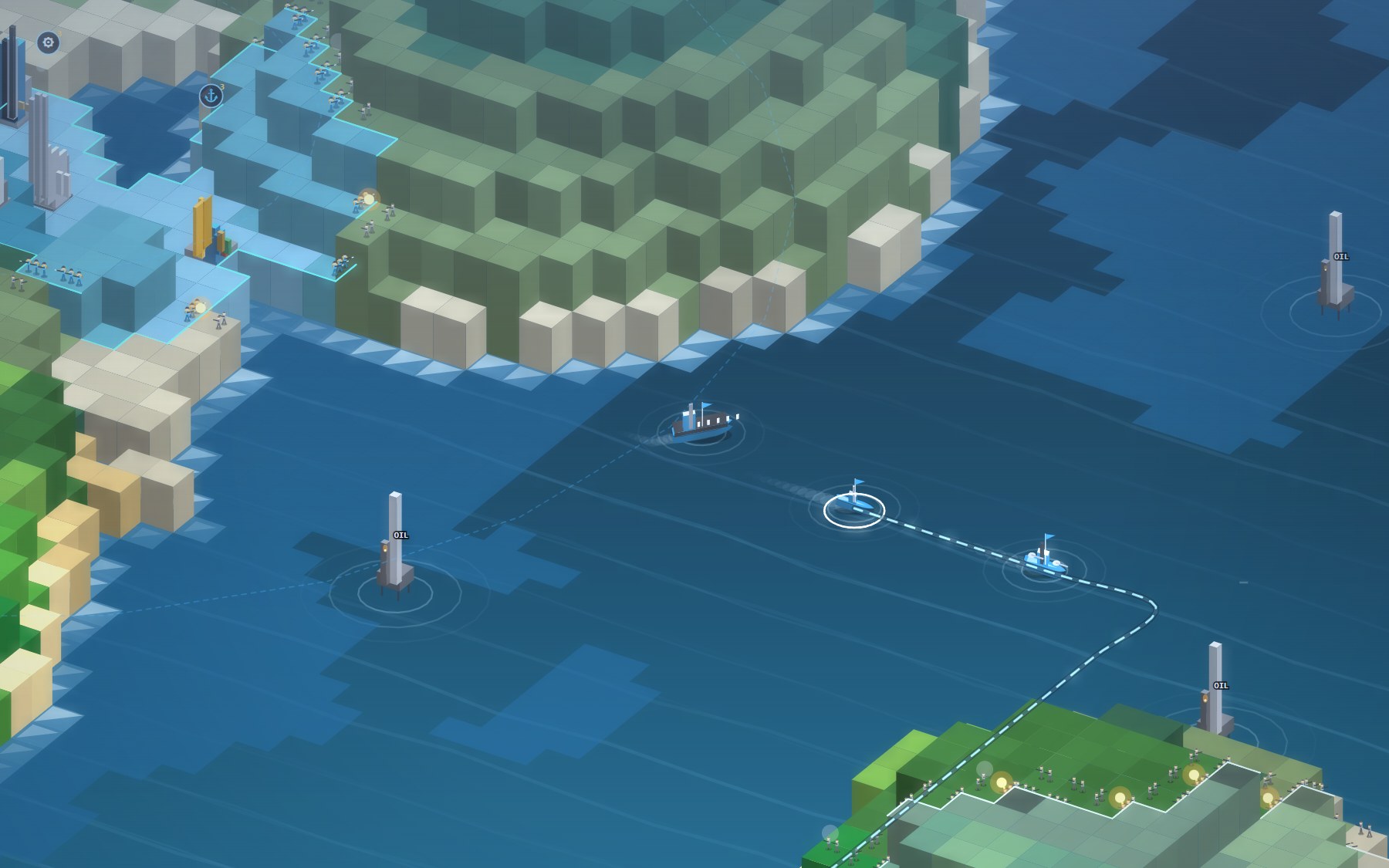 A fleet at sea beside an island coast