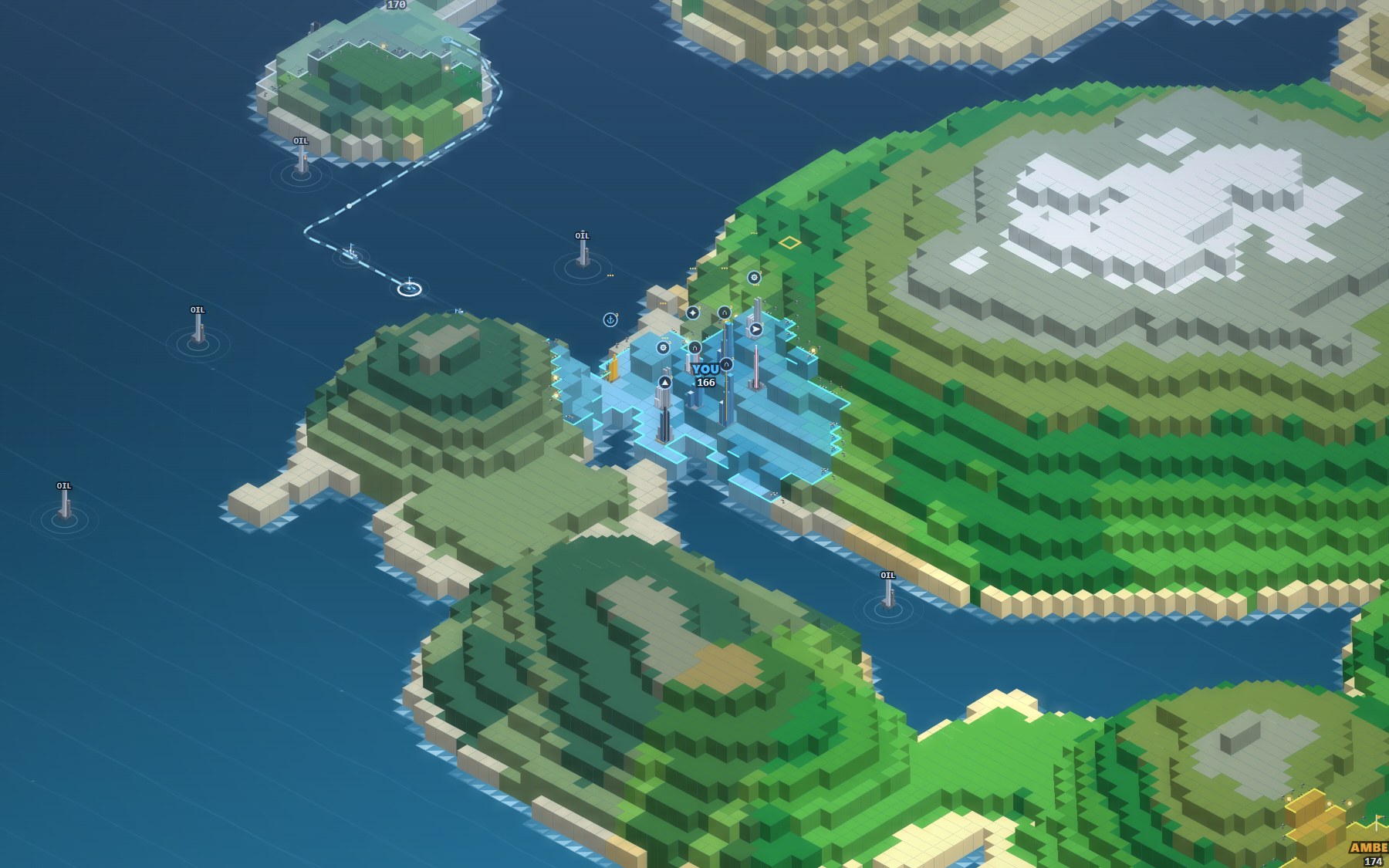 An archipelago seen from above, with territory, oil rigs and shipping lanes